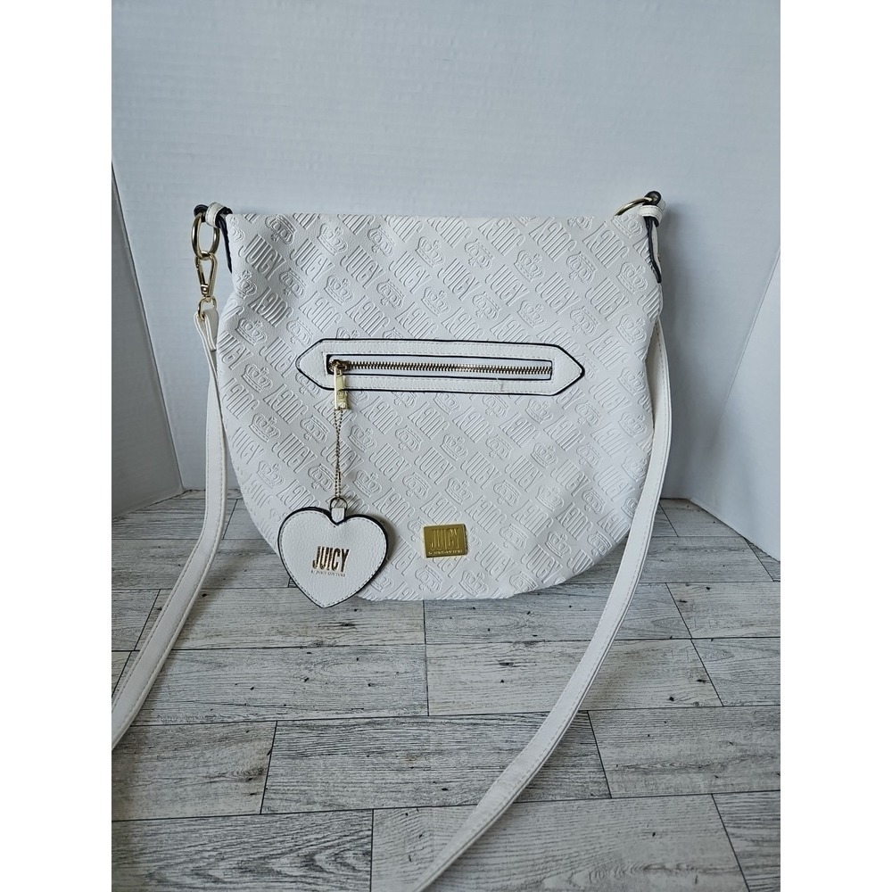 Juicy Couture White Vinyl Logo Y2K Messenger Shoulder Bag Heart Bag Charm